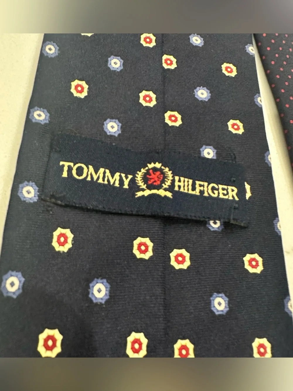 Vintage Tommy Hilfiger Silk Neck Tie Navy Blue Gold Red Medallion 80s 90s Preppy